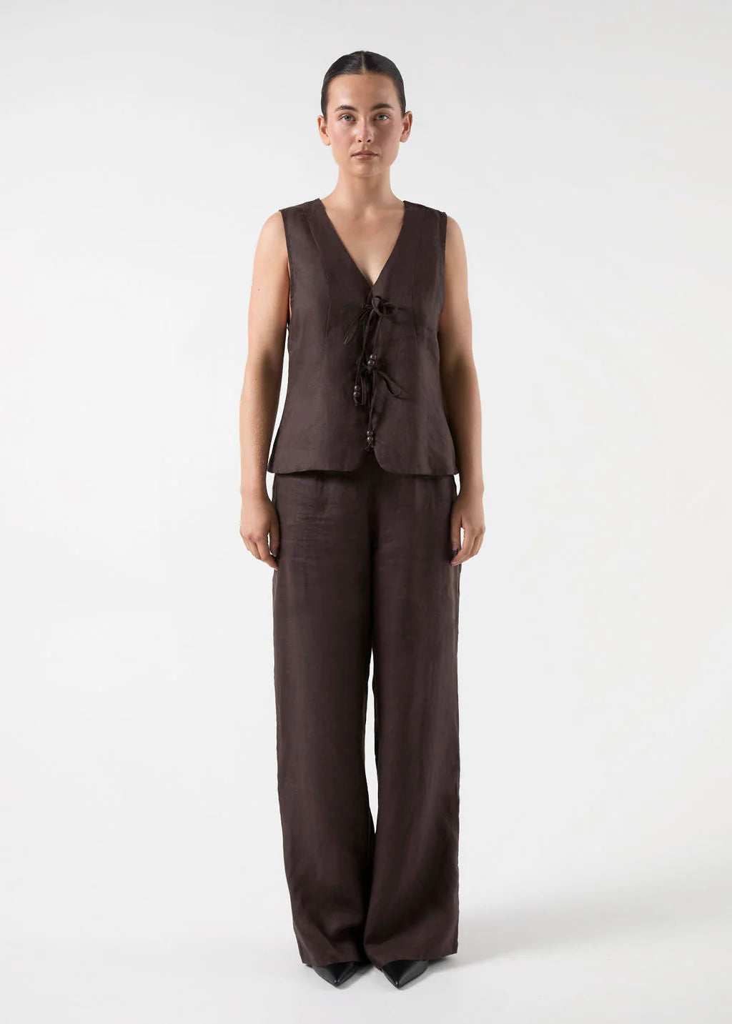 Claudia Linen Tie Vest - Chocolat