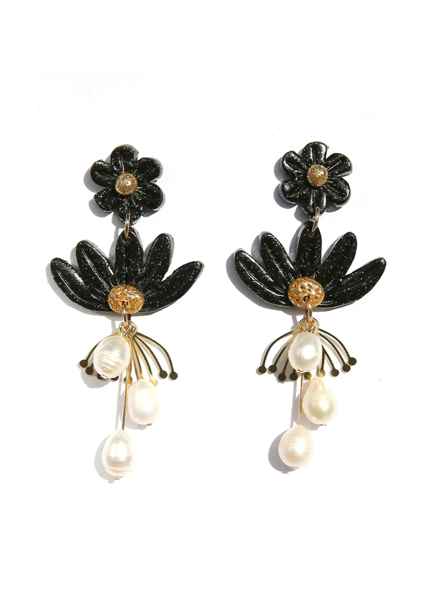 Black Pearl Blossom Earrings